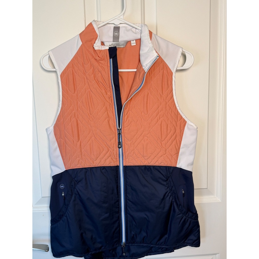 Peter Millar Crown Sport Womens Quilted Vest Coral Navy Blue Colorblock Medium